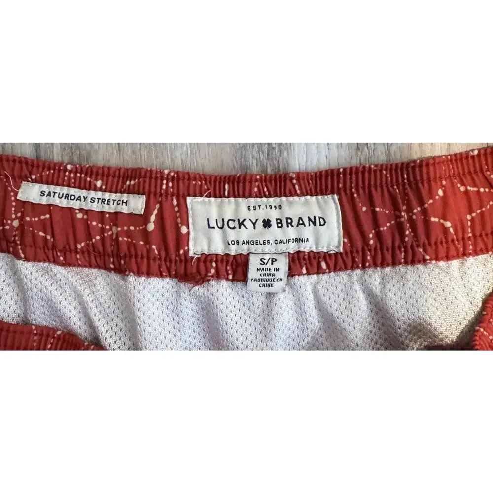 Lucky Brand Saturday Stretch Swim Trunks Men's Size S Orange Star Allover Print
